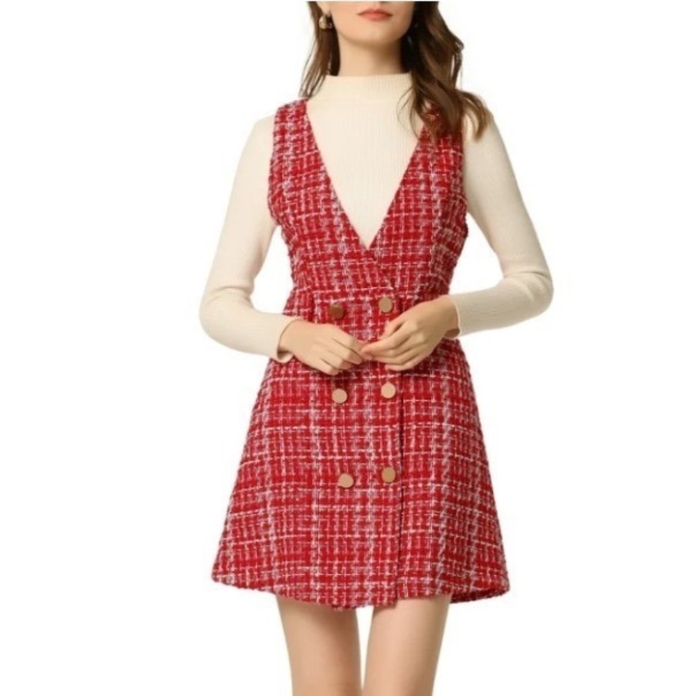 Allegra K Red White Tweed Plaid Double Breasted Pinafore Jumper Dress XL NWT